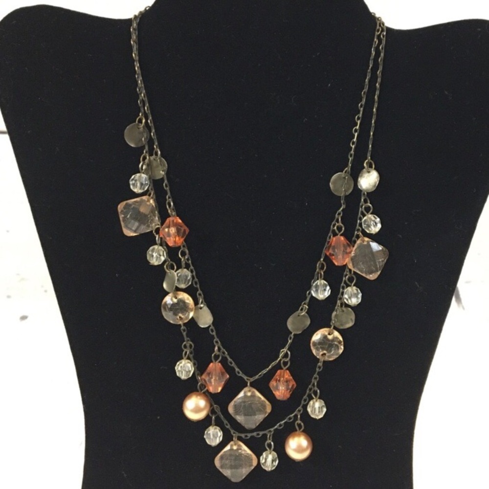 Fall Colors Brass Toned Bobble Necklace Shabby Chic Faux Pearl Layered